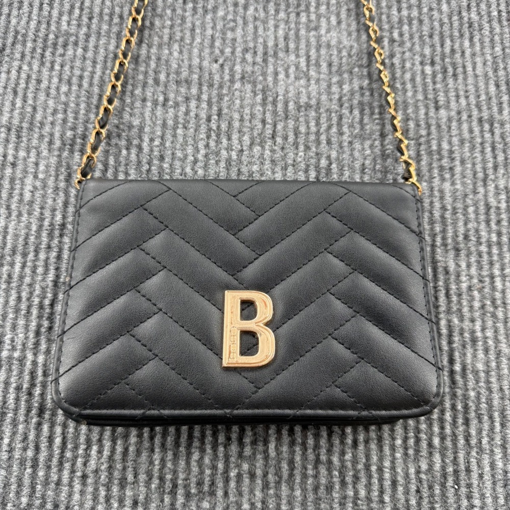 Bebe Womens Black Quilted Chevron Crossbody Bag Gold Chain Strap Wallet B Logo